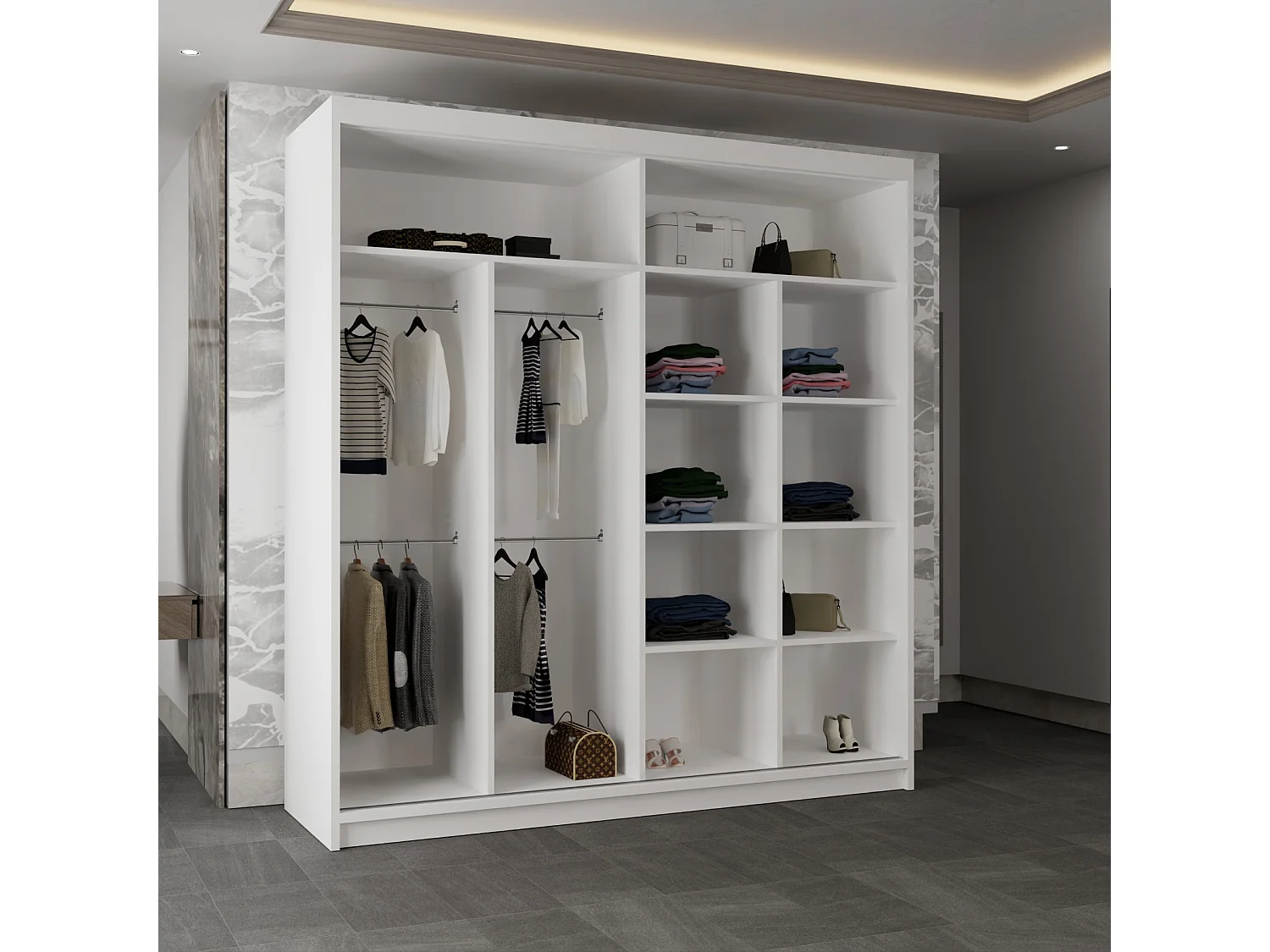 Sliding Wardrobe with Round Mirror - white 203cm - Luna