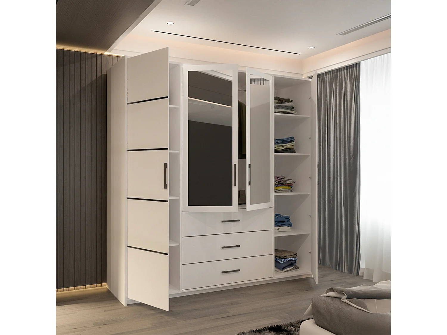 4 Door Hinged Wardrobe with Mirror & Drawers - 200cm white - Alessia