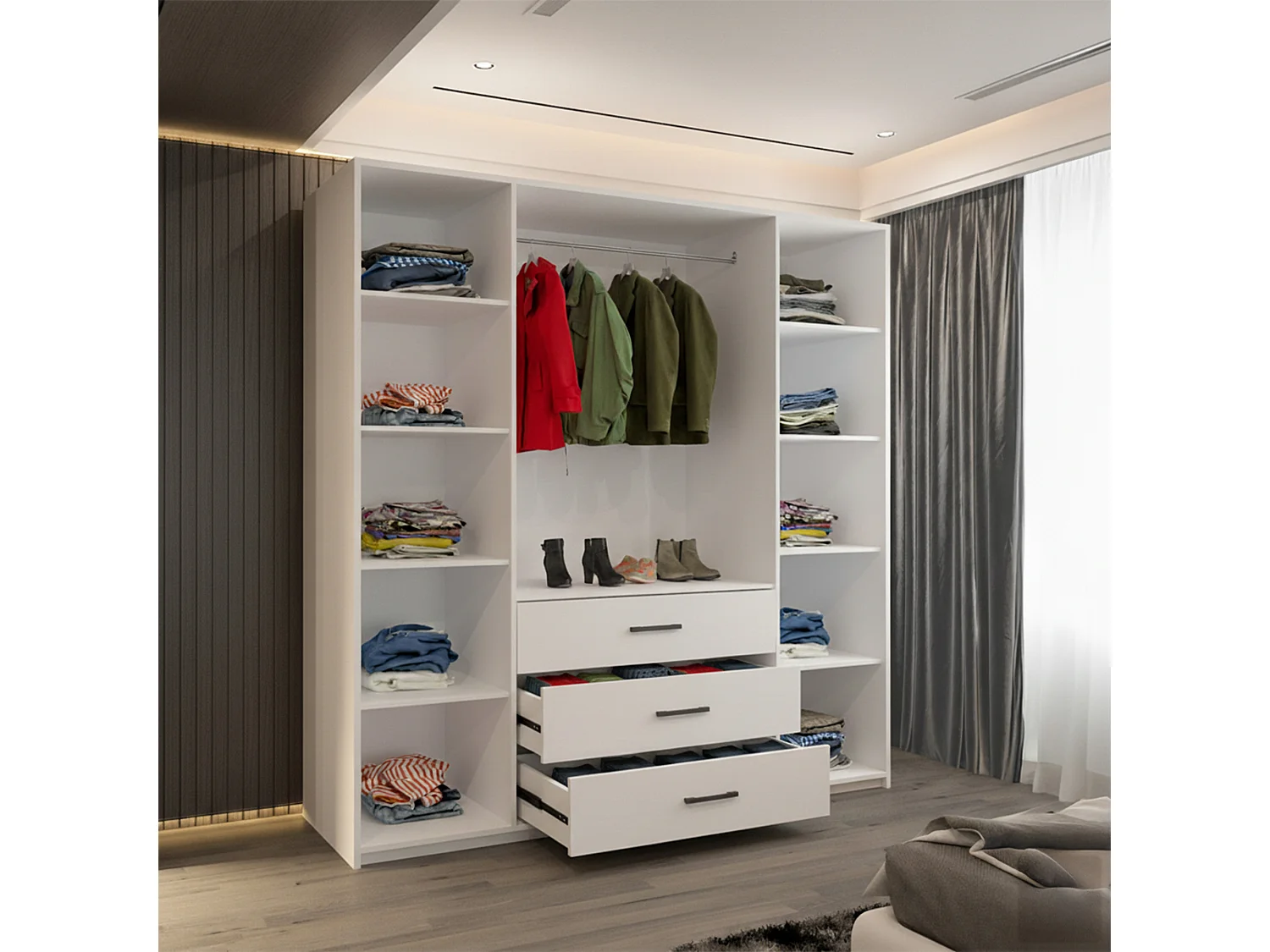 4 Door Hinged Wardrobe with Mirror & Drawers - 200cm white - Alessia