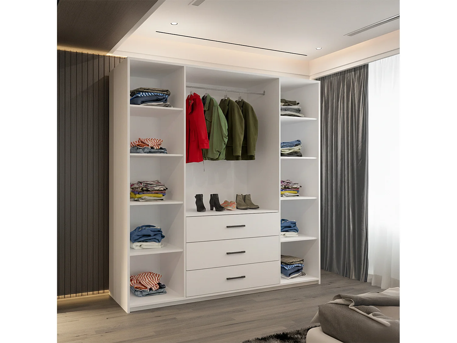 4 Door Hinged Wardrobe with Mirror & Drawers - 200cm white - Alessia