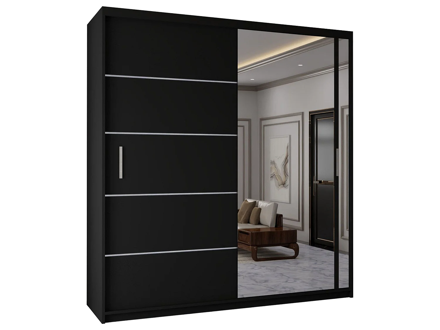 Sliding Mirrored Door Wardrobe - 203cm - Black - Vision