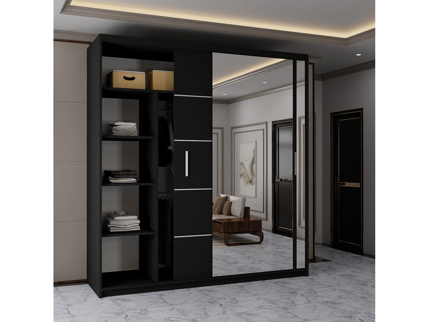 Sliding Mirrored Door Wardrobe - 203cm - Black - Vision