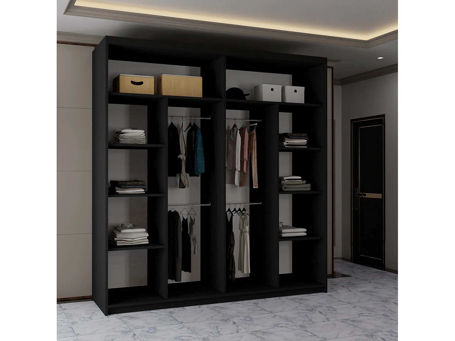 Sliding Mirrored Door Wardrobe - 203cm - Black - Vision