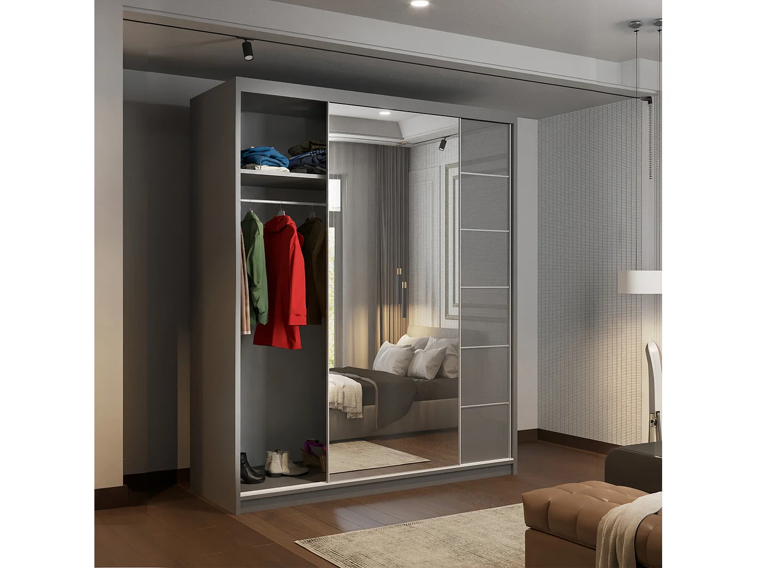 High Gloss Sliding Door Wardrobe with Mirror - grey 180cm - Amsterdem