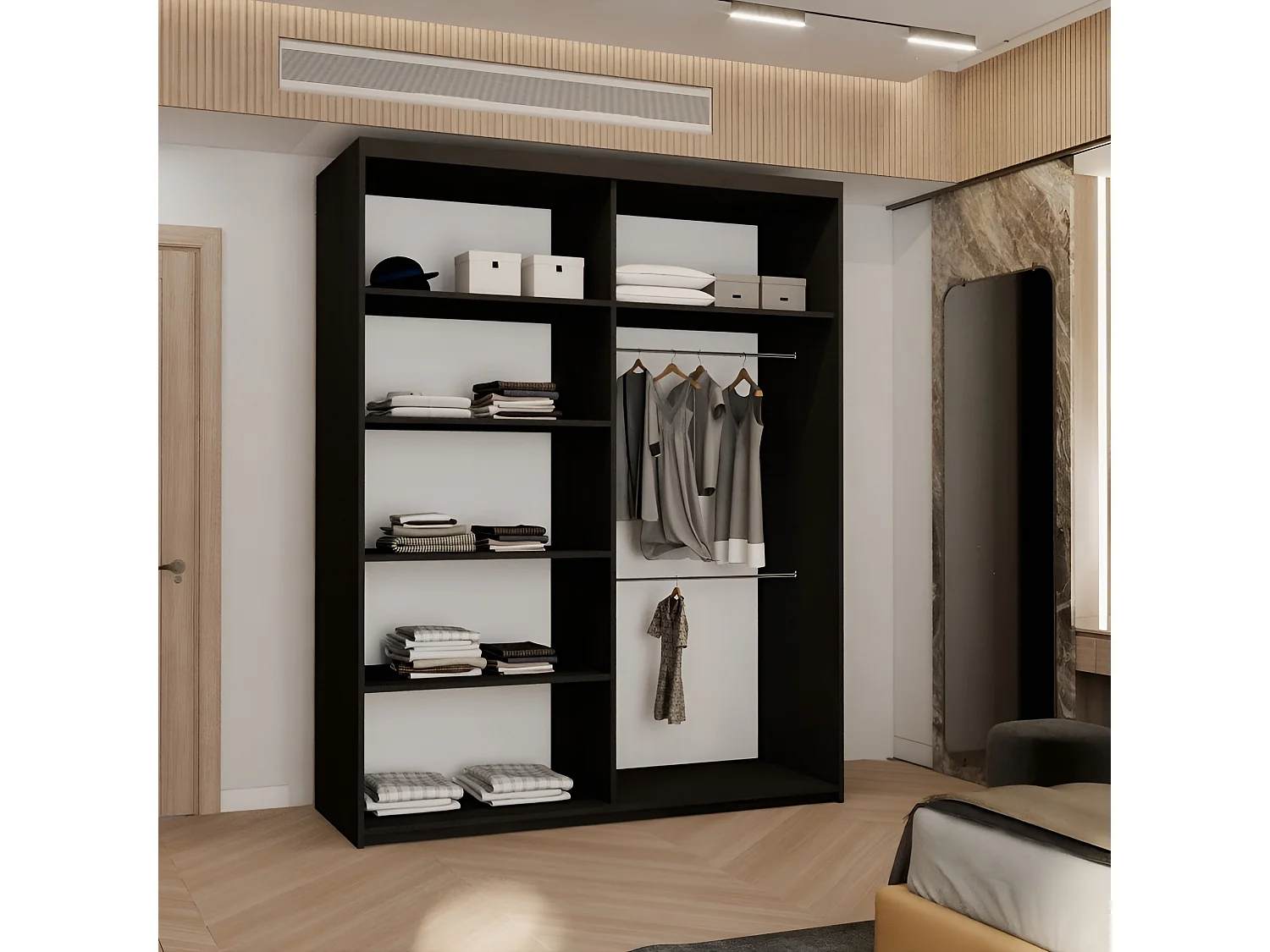Sliding Door Wardrobe with Rounded Mirror - black 180cm - Arden