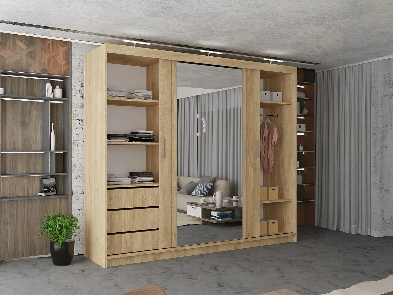 3 Door Sliding Wardrobe with Centre Mirror, LED Lights & Drawers - oak 250cm - Ibaraki