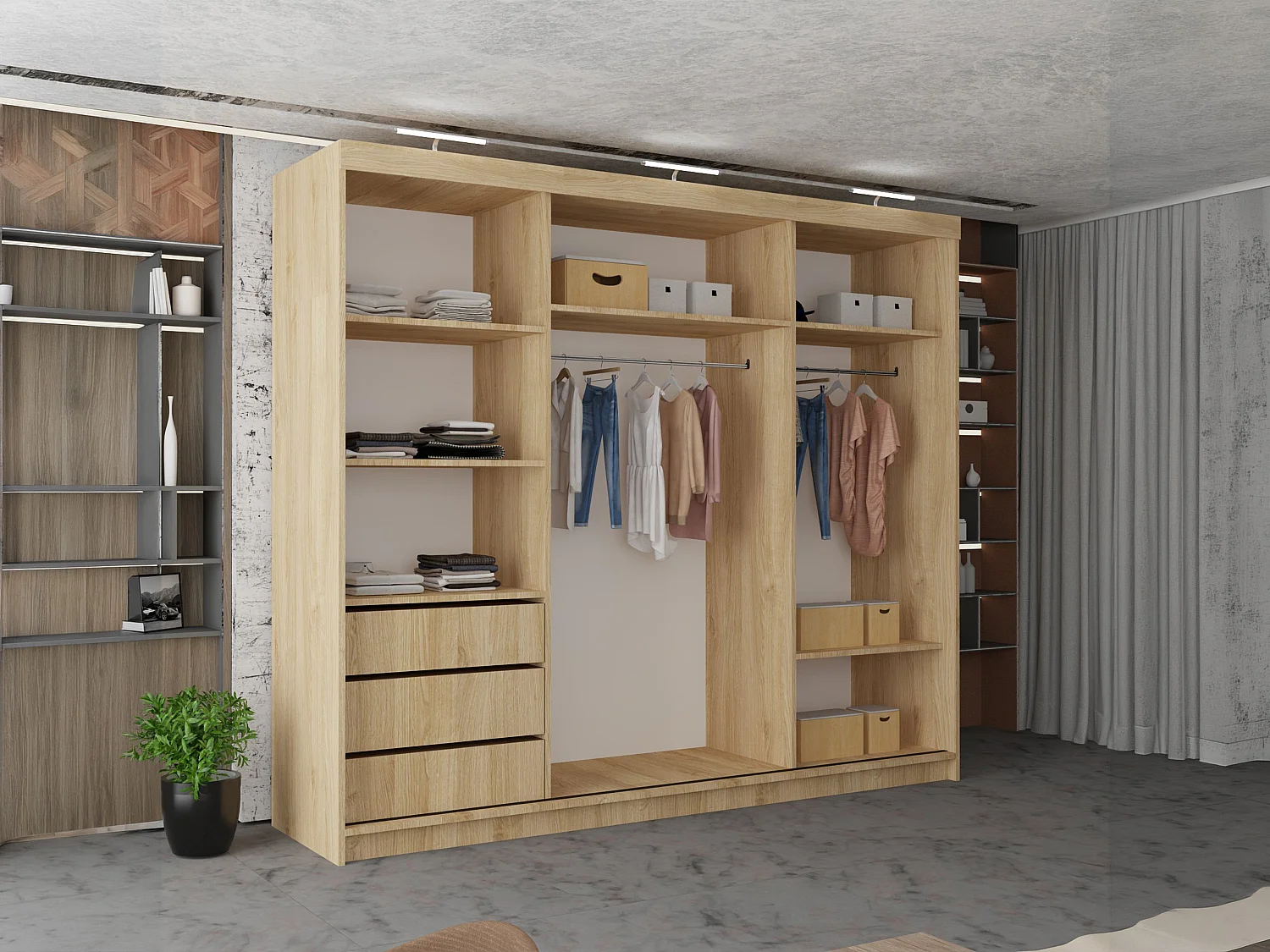 3 Door Sliding Wardrobe with Centre Mirror, LED Lights & Drawers - oak 250cm - Ibaraki