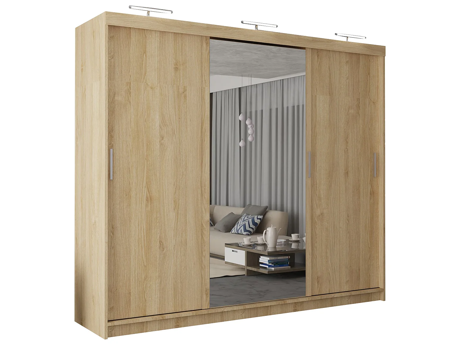 3 Door Sliding Wardrobe with Centre Mirror, LED Lights & Drawers - oak 250cm - Ibaraki