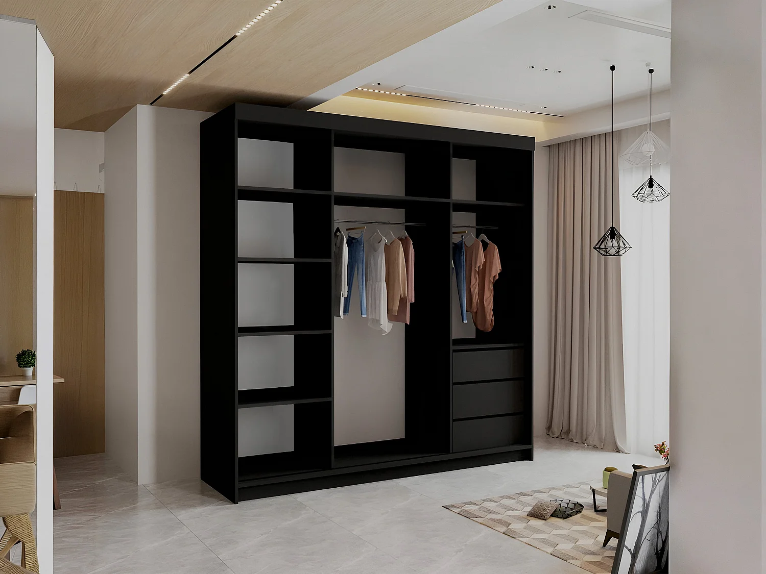 Sliding Door Wardrobe with Mirrors, Shelves and Drawers - black 200cm - Brampton