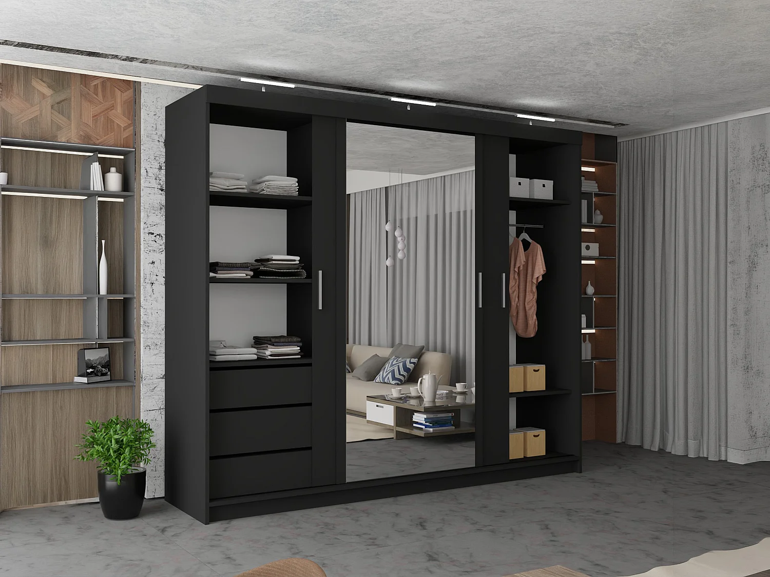 3 Door Sliding Wardrobe with Centre Mirror, LED Lights & Drawers - black 250cm - Ibaraki