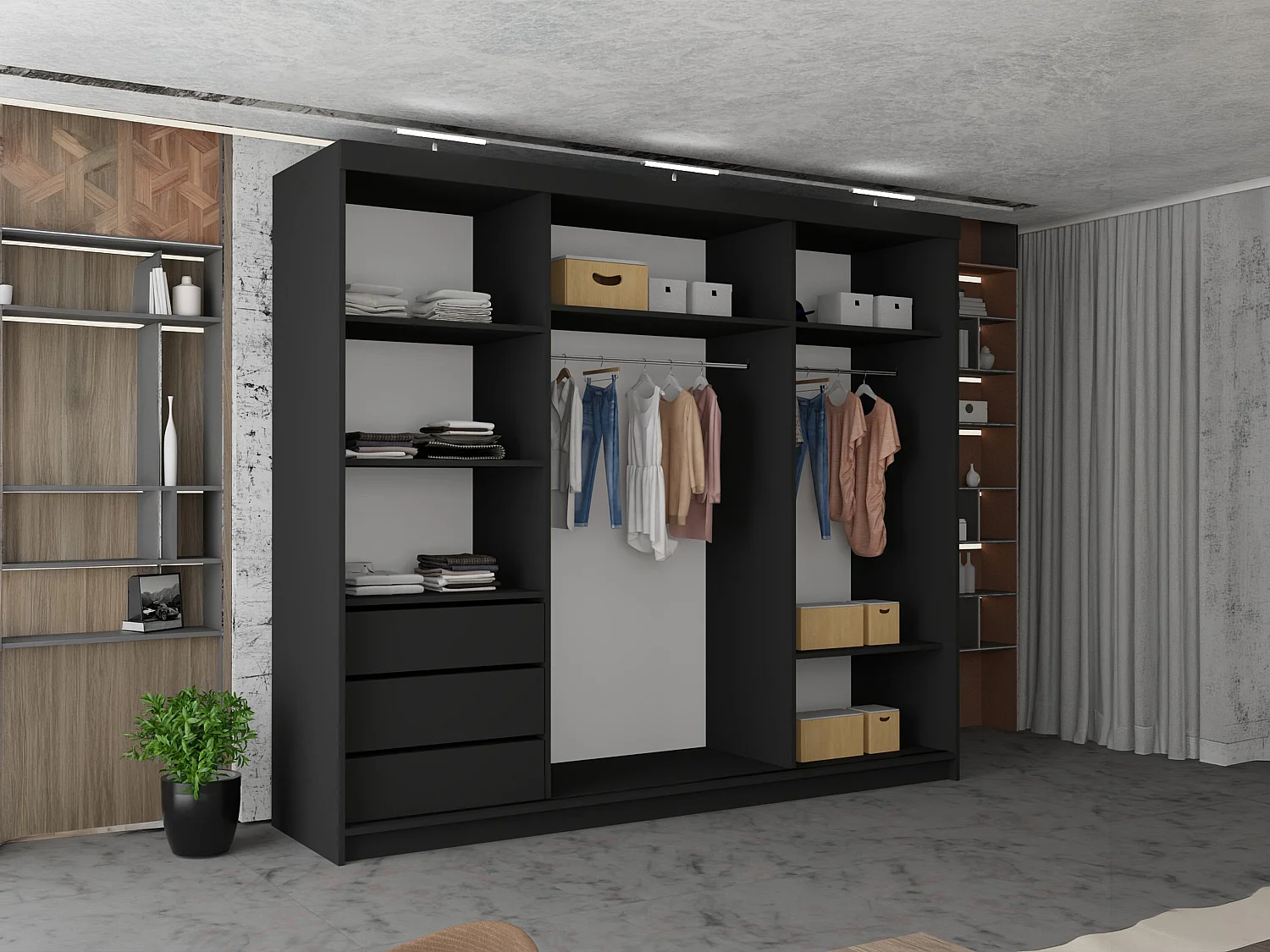 3 Door Sliding Wardrobe with Centre Mirror, LED Lights & Drawers - black 250cm - Ibaraki