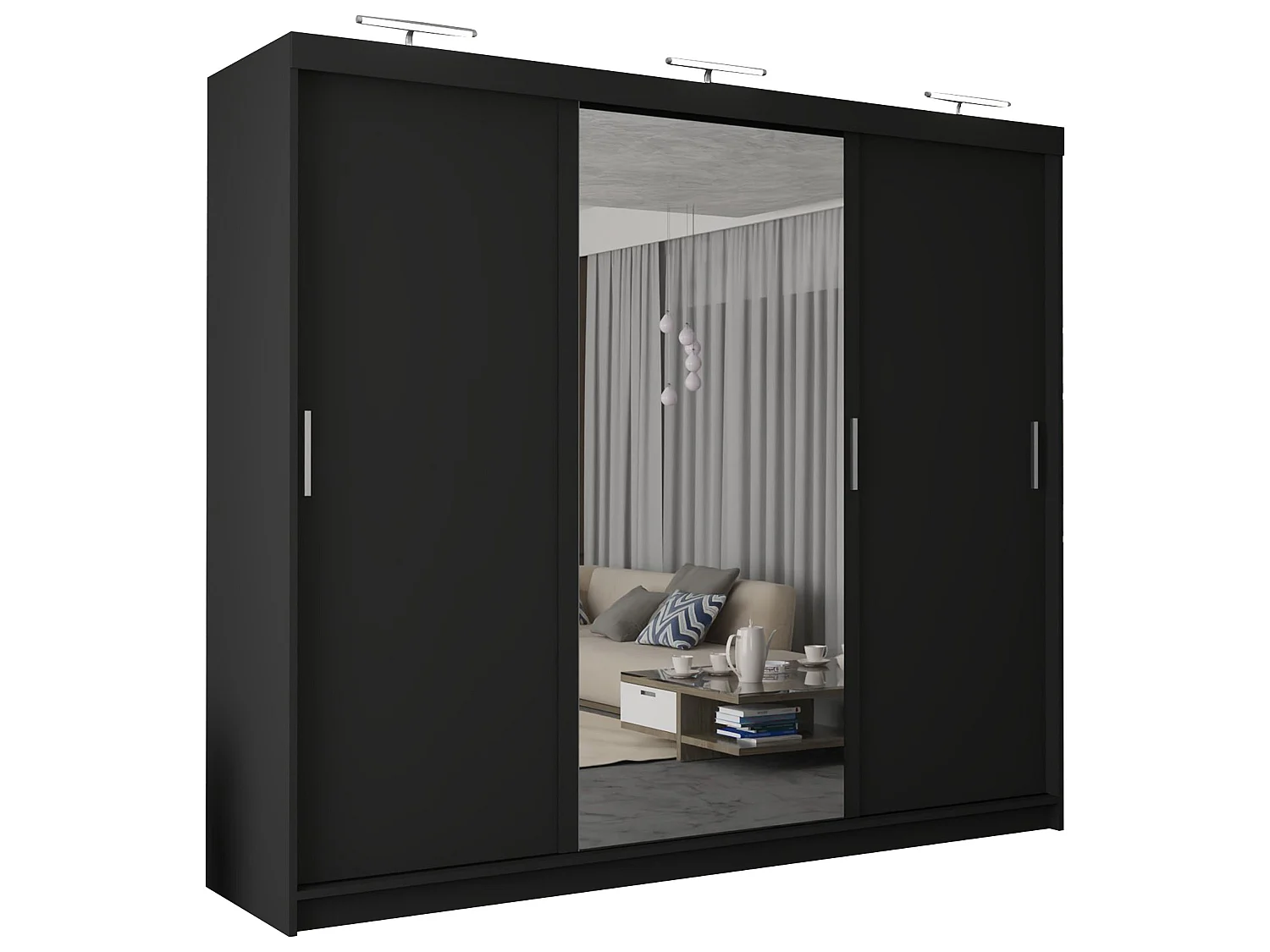 3 Door Sliding Wardrobe with Centre Mirror, LED Lights & Drawers - black 250cm - Ibaraki