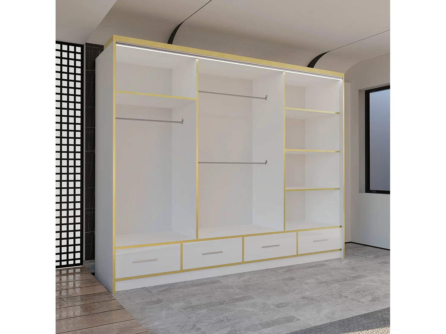 High Gloss Mirrored Sliding Door Wardrobe with Gold Detail - white 253cm - Sudenia