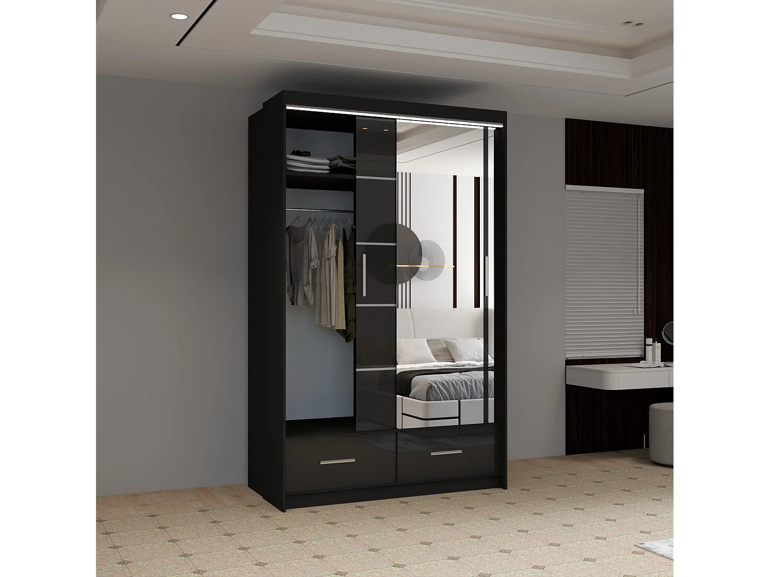 High Gloss Sliding Door Wardrobe with Mirror and Drawers - black 150cm - Derry