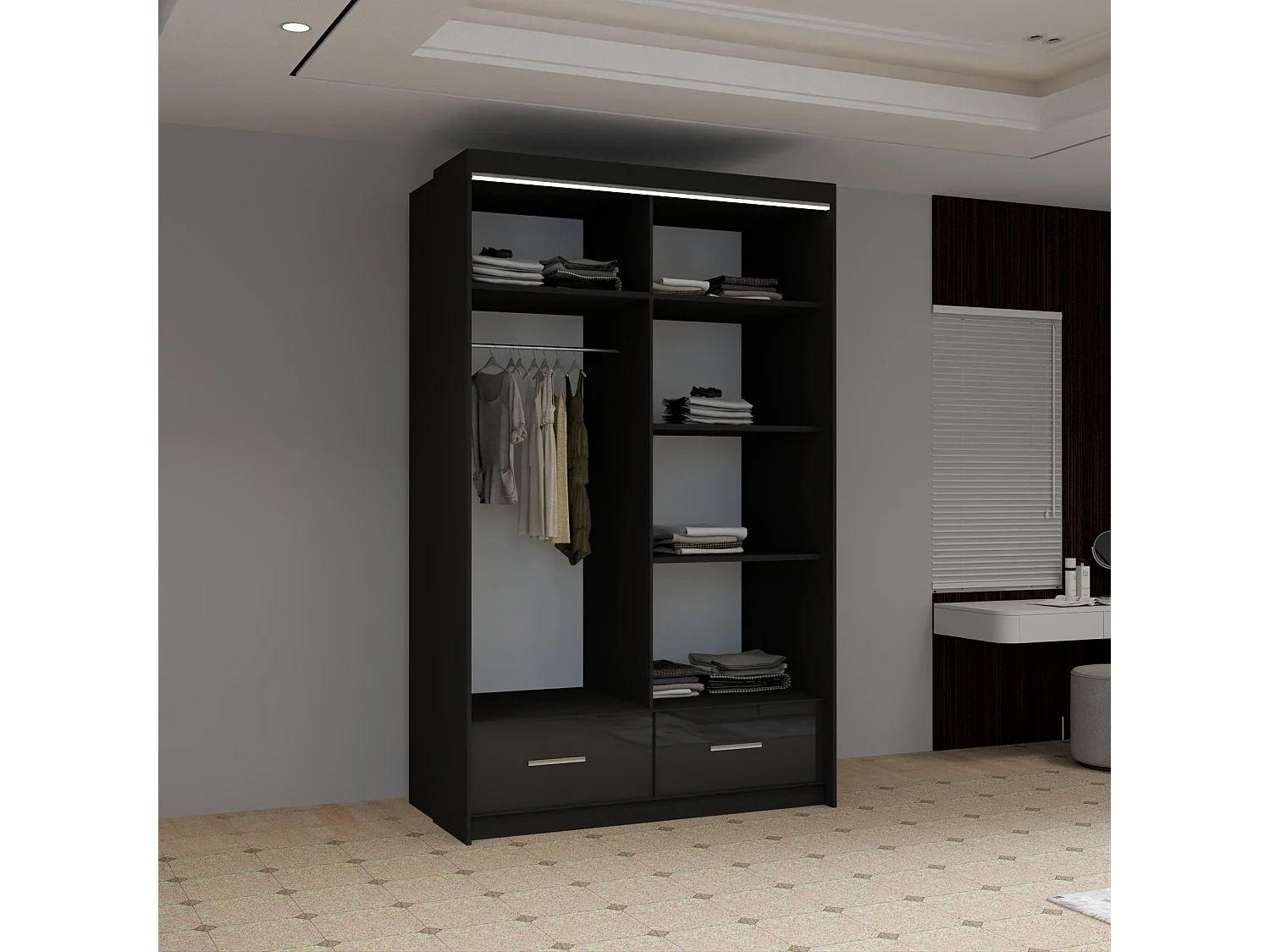 High Gloss Sliding Door Wardrobe with Mirror and Drawers - black 150cm - Derry