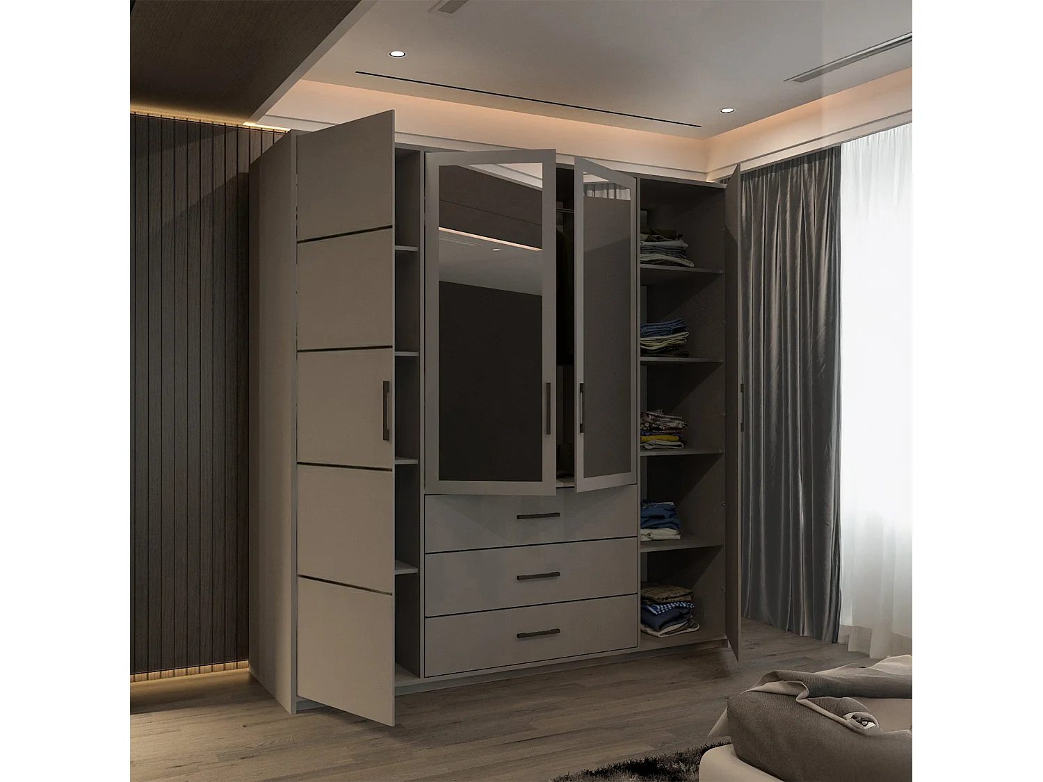 4 Door Hinged Wardrobe with Mirror & Drawers - 200cm grey - Alessia