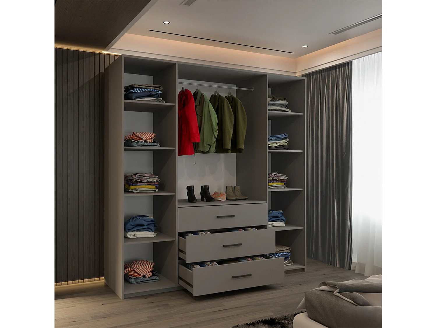 4 Door Hinged Wardrobe with Mirror & Drawers - 200cm grey - Alessia