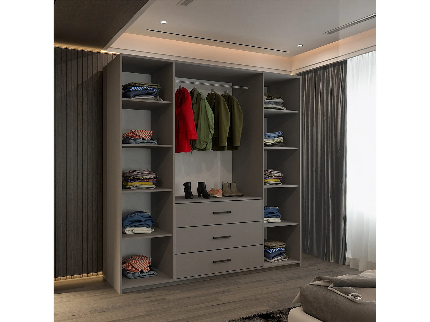 4 Door Hinged Wardrobe with Mirror & Drawers - 200cm grey - Alessia