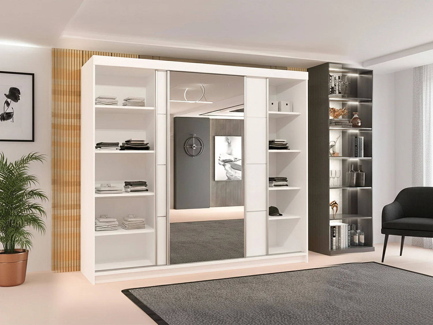3-Door Sliding Wardrobe with Shelves & Hanging Rail - white 250cm - Lorenzo