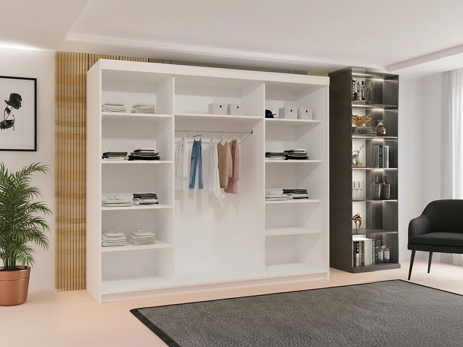 3-Door Sliding Wardrobe with Shelves & Hanging Rail - white 250cm - Lorenzo