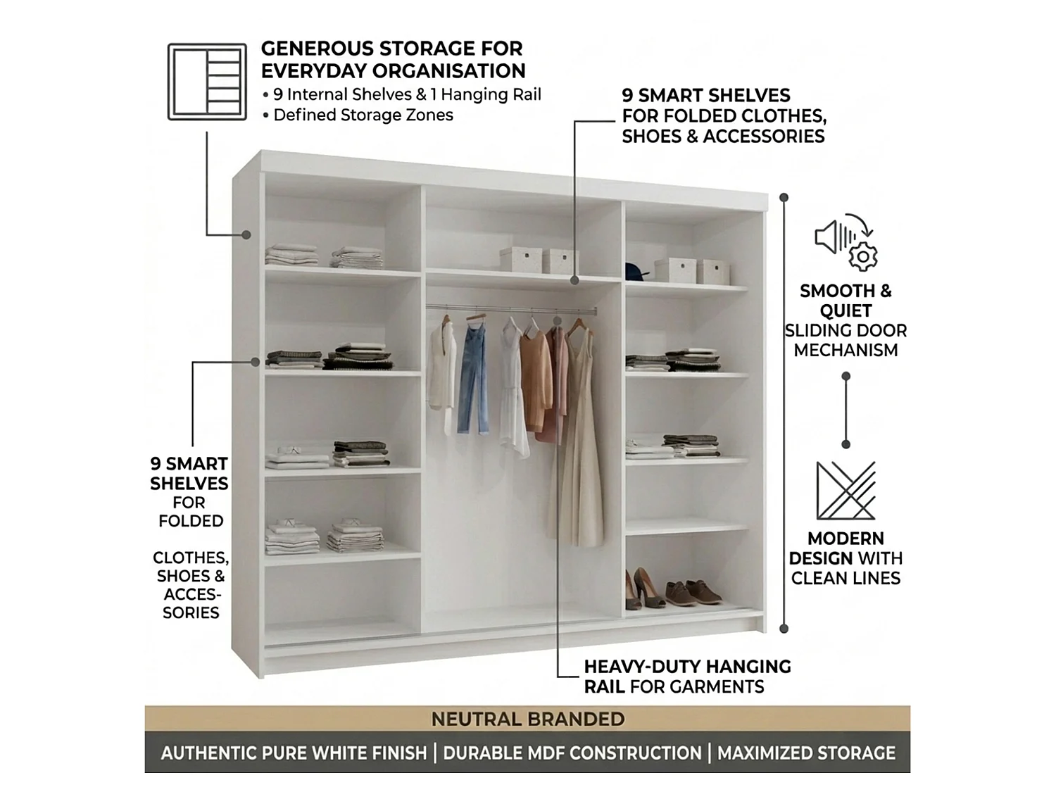3-Door Sliding Wardrobe with Shelves & Hanging Rail - white 250cm - Lorenzo