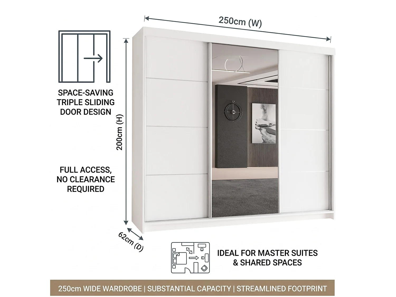 3-Door Sliding Wardrobe with Shelves & Hanging Rail - white 250cm - Lorenzo