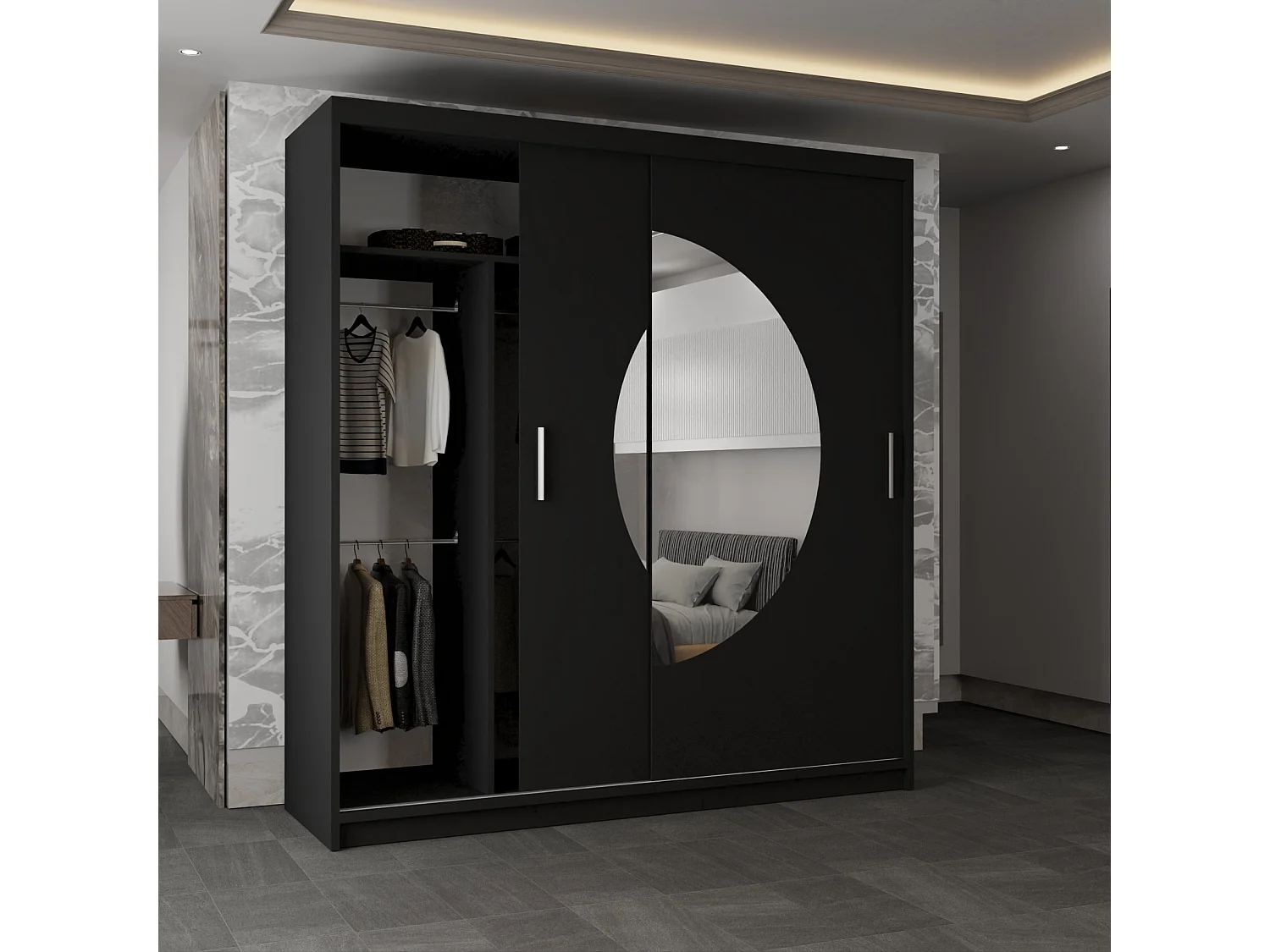 Sliding Wardrobe with Round Mirror - black 203cm - Luna