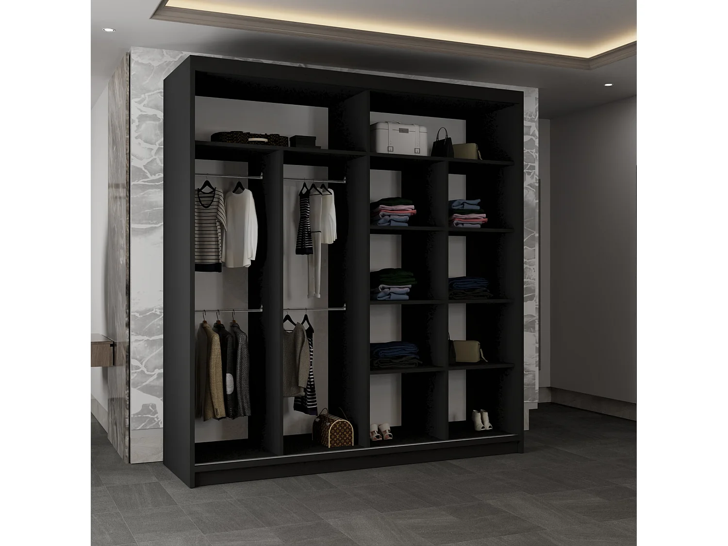 Sliding Wardrobe with Round Mirror - black 203cm - Luna
