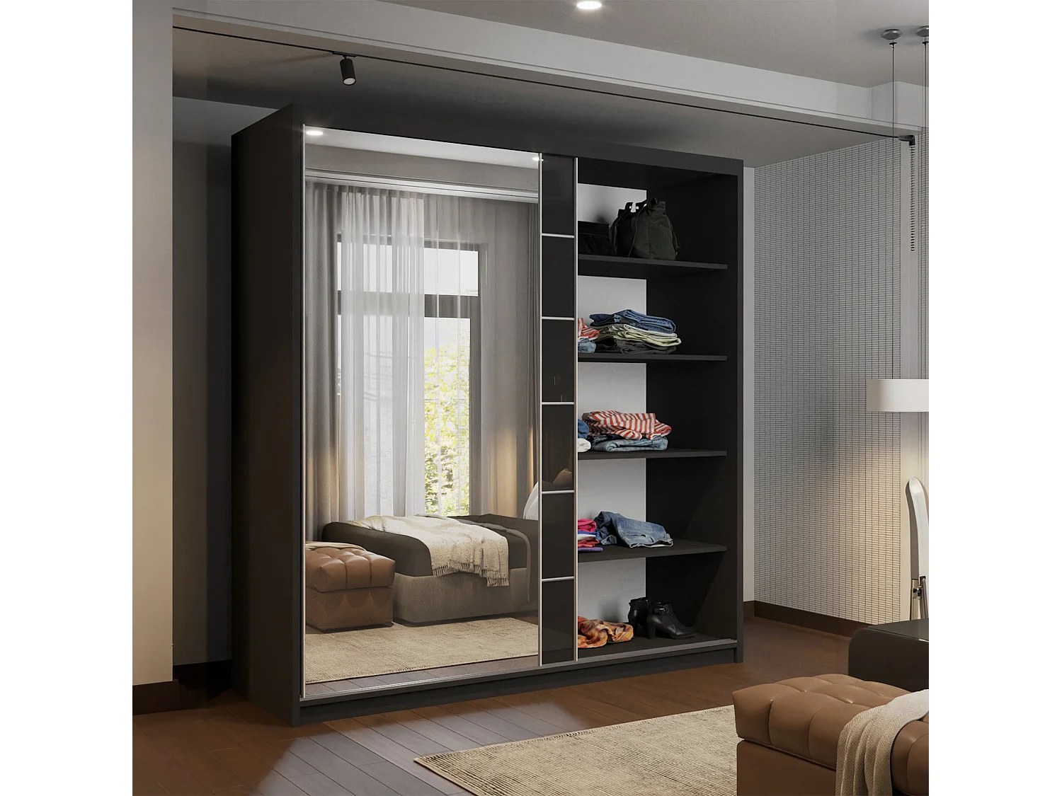 High Gloss Sliding Door Wardrobe with Mirror - black 200cm - Amsterdem