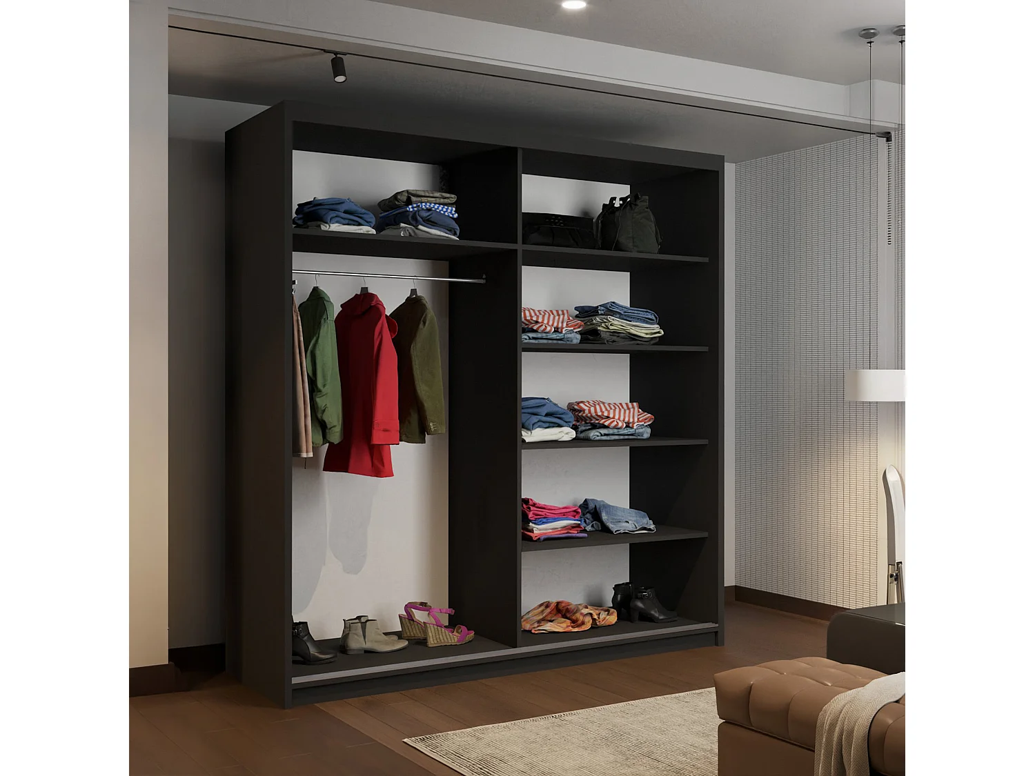 High Gloss Sliding Door Wardrobe with Mirror - black 200cm - Amsterdem
