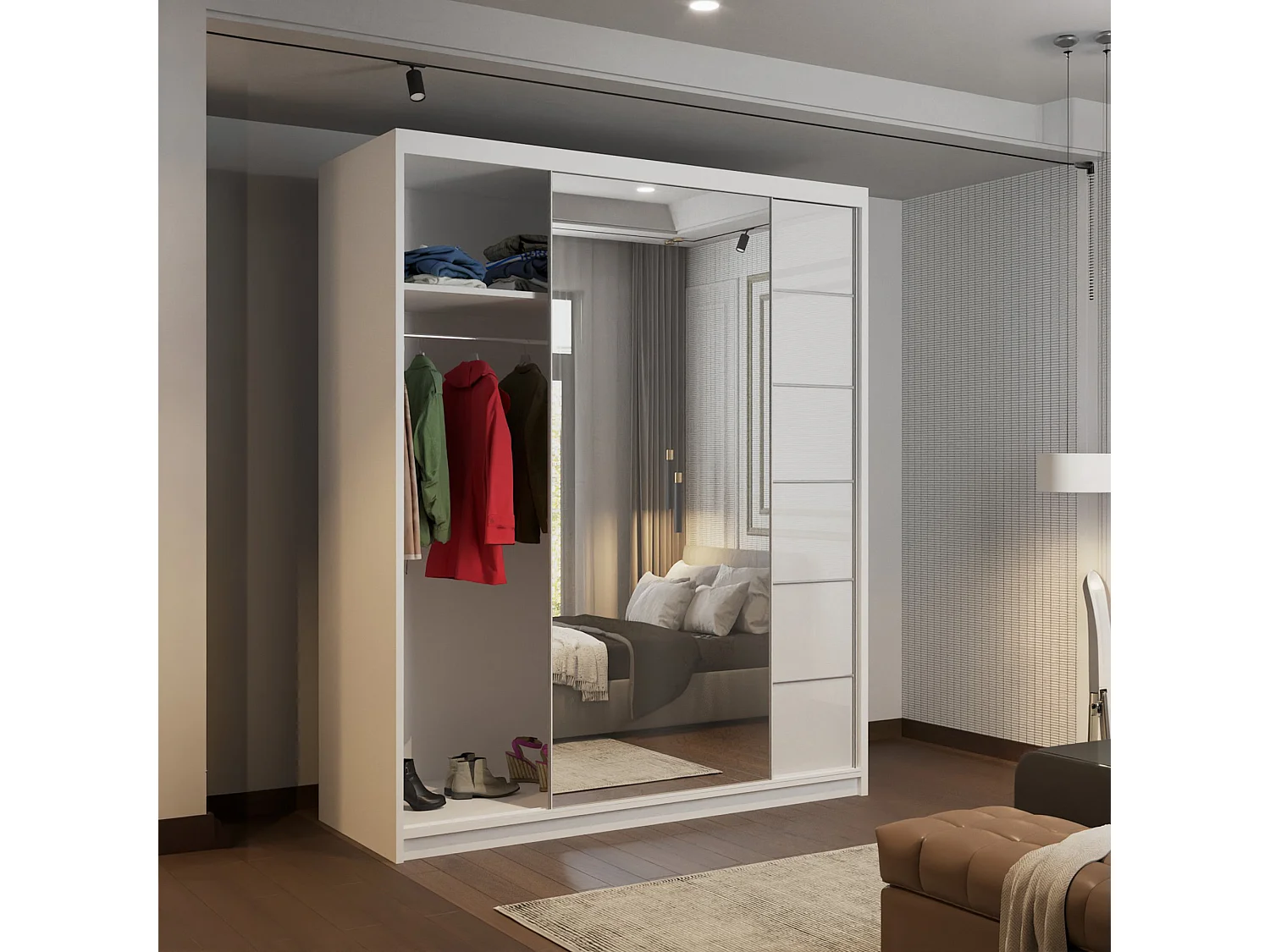 High Gloss Sliding Door Wardrobe with Mirror - white 150cm - Amsterdem