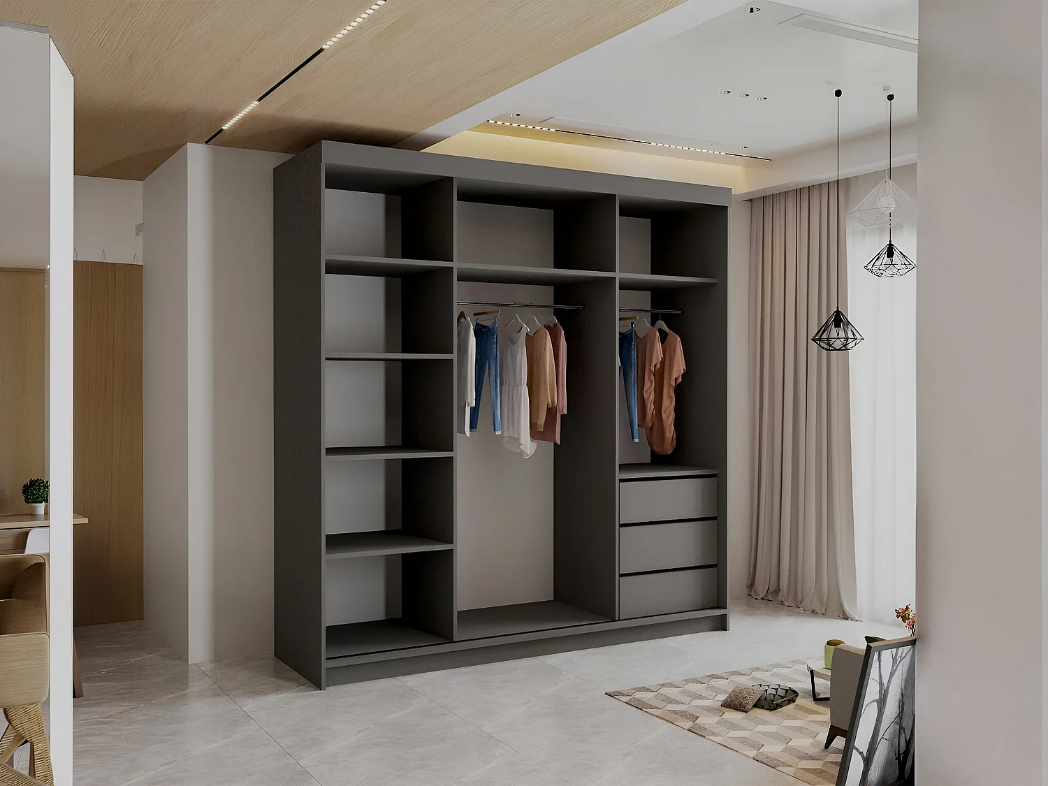 Sliding Door Wardrobe with Mirrors, Shelves and Drawers - grey 200cm - Brampton