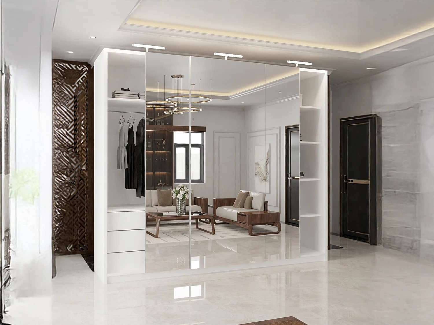 Full Mirror Sliding Door Wardrobe with LED Light & Drawers - white 250cm - Elara