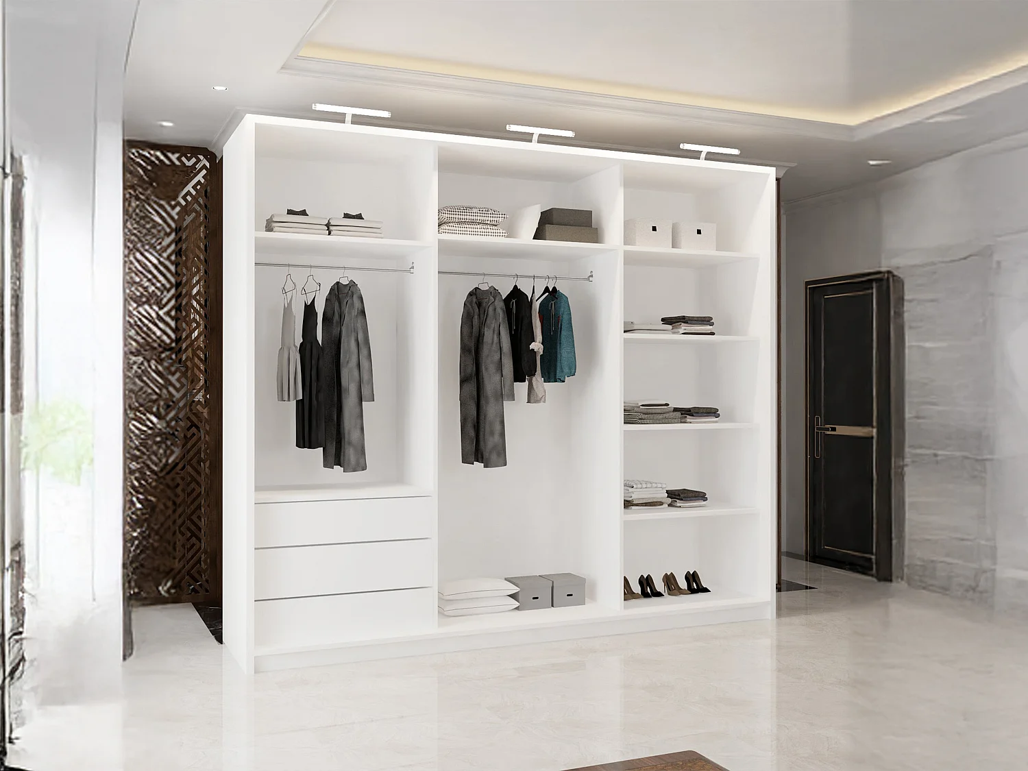 Full Mirror Sliding Door Wardrobe with LED Light & Drawers - white 250cm - Elara