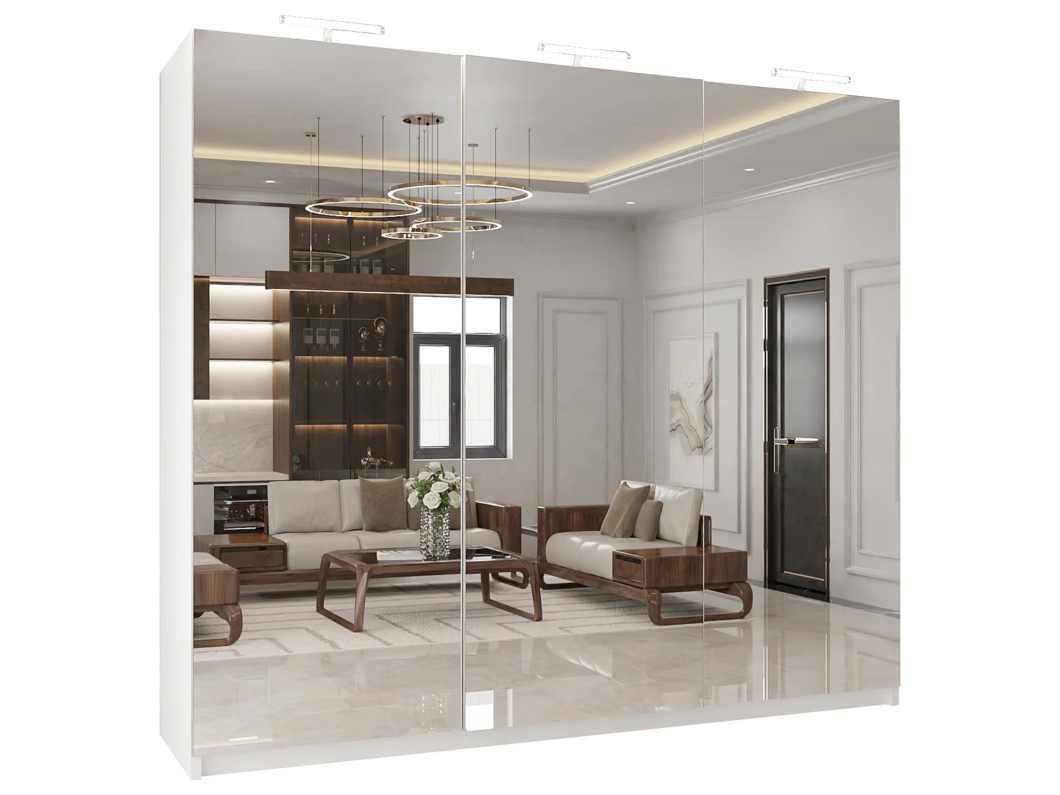Full Mirror Sliding Door Wardrobe with LED Light & Drawers - white 250cm - Elara