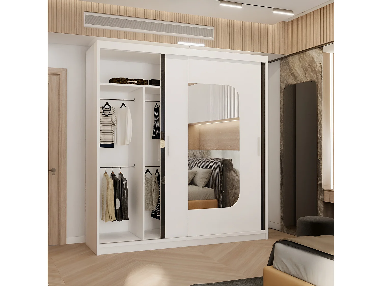Sliding Door Wardrobe with Rounded Mirror - white 203cm - Arden