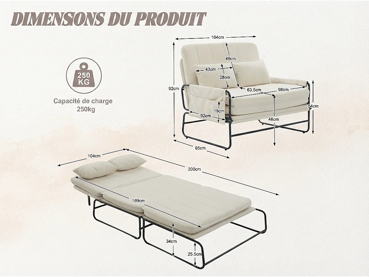 Canapé Convertible 1 place XXXL Style Industriel, Fauteuil Convertible avec Rangement Latéral, Confort Ergonomique pour Petit Espace