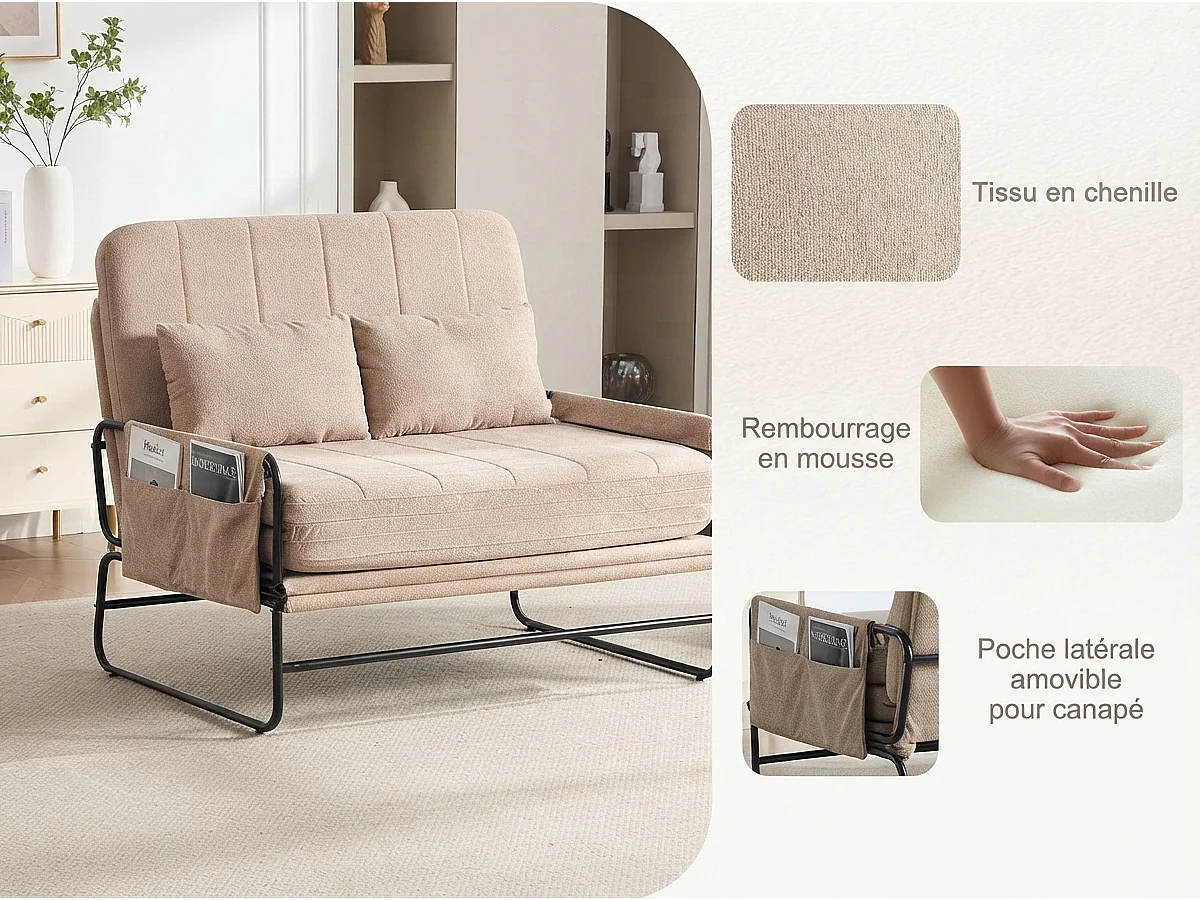 Canapé Convertible 1 place XXXL Style Industriel, Fauteuil Convertible avec Rangement Latéral, Confort Ergonomique pour Petit Espace