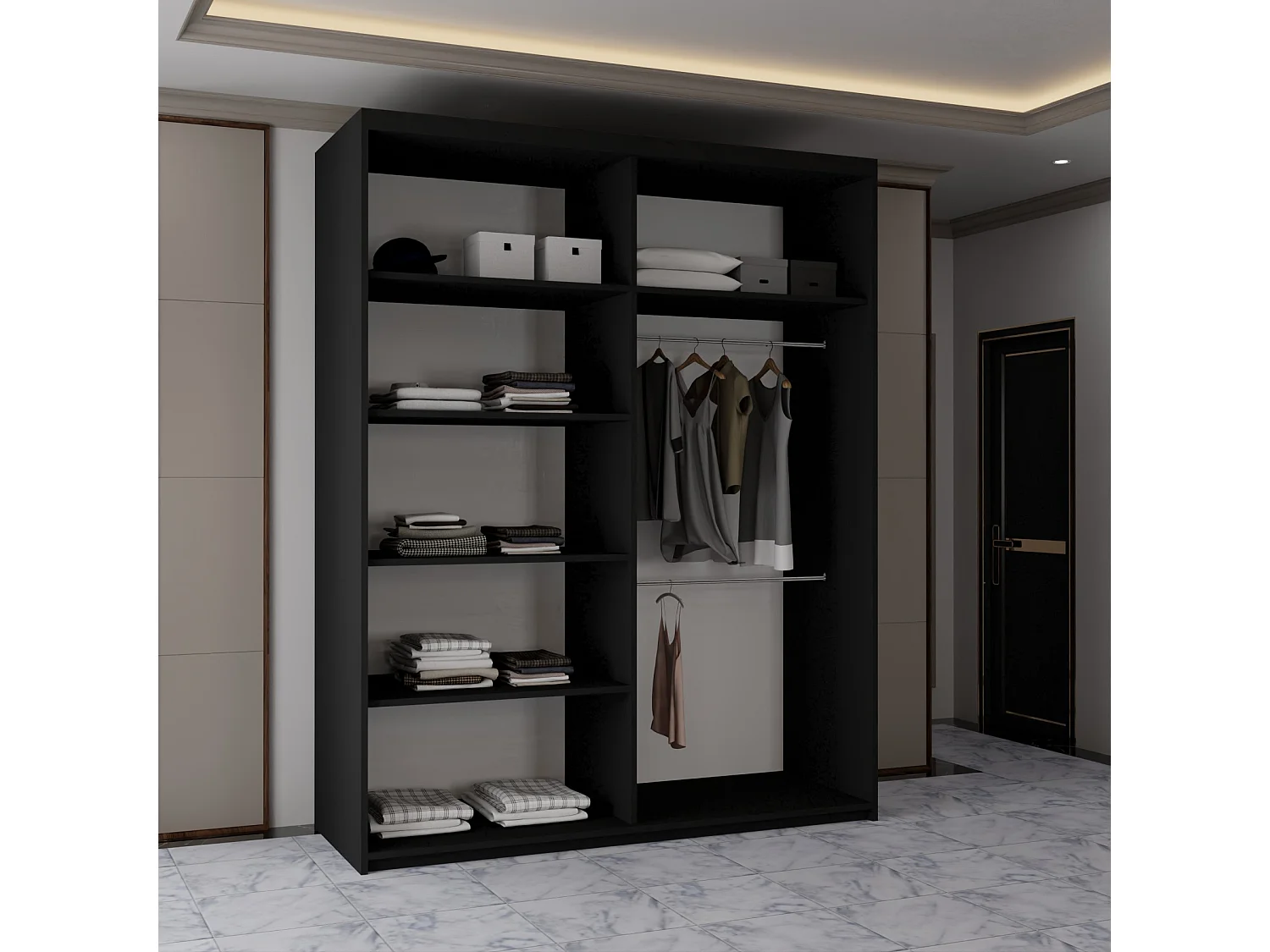 Sliding Mirrored Door Wardrobe - 180cm - Black - Vision