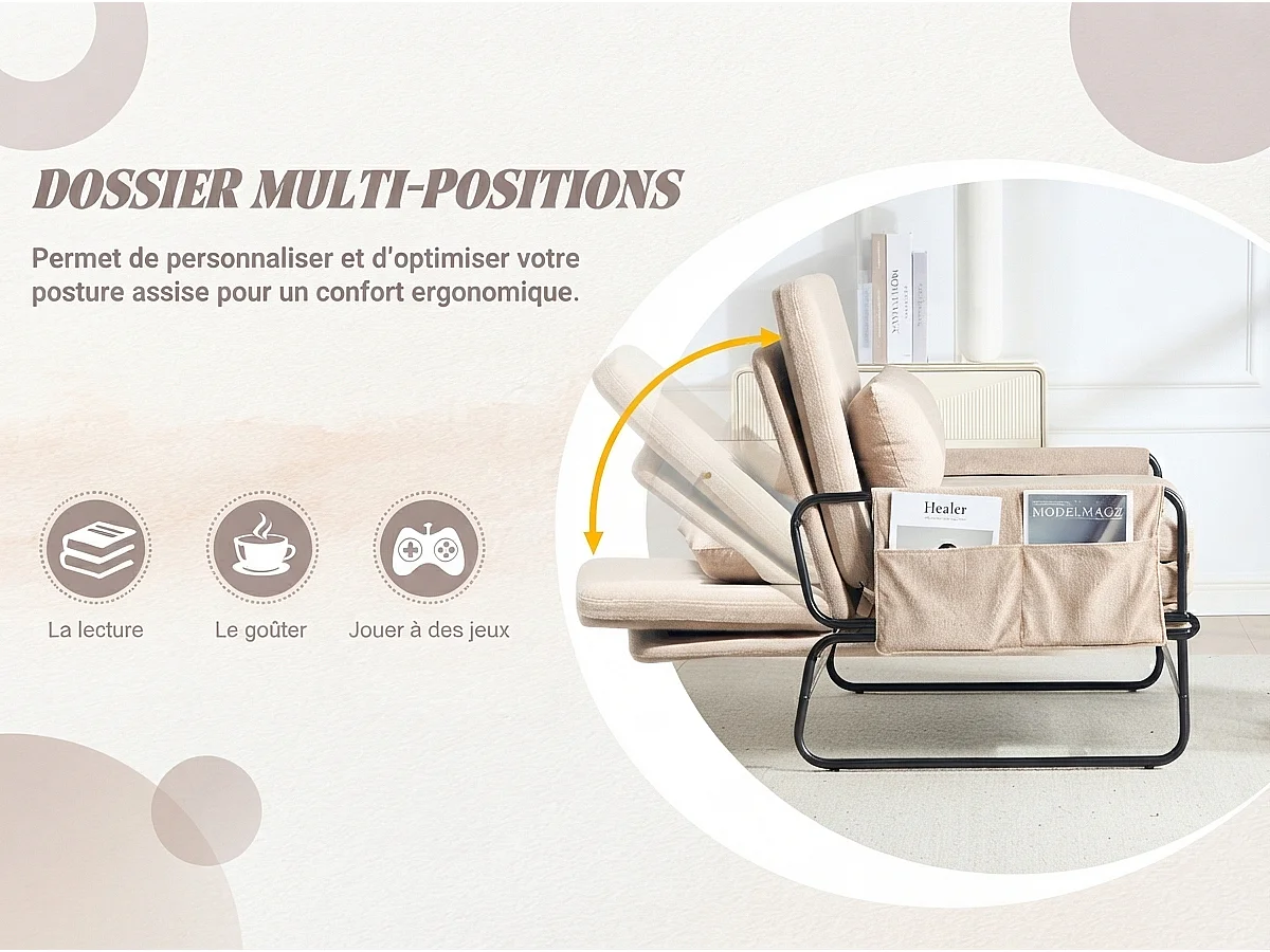 Canapé Convertible 1 place XXXL Style Industriel, Fauteuil Convertible avec Rangement Latéral, Confort Ergonomique pour Petit Espace