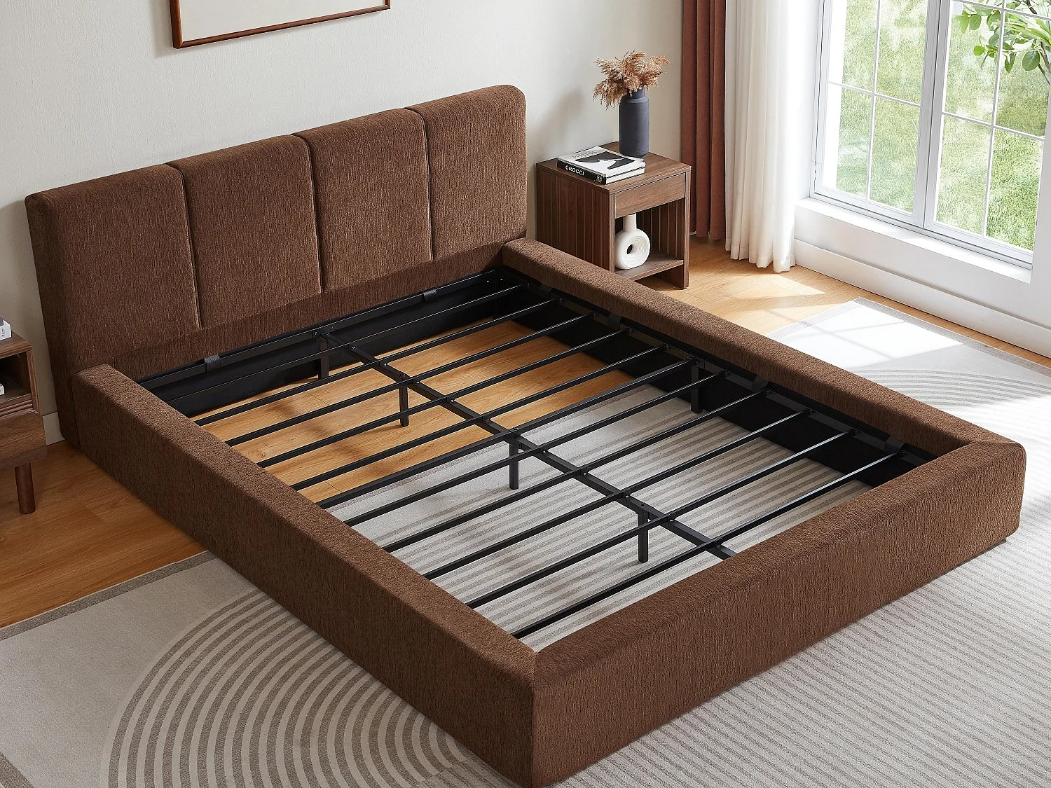 Gestoffeerd Bed ÉPURE 160x200cm - Tweepersoonsbed met Minimalistisch Ontwerp en Stevige Structuur, Eenvoudige Montage, Bruin