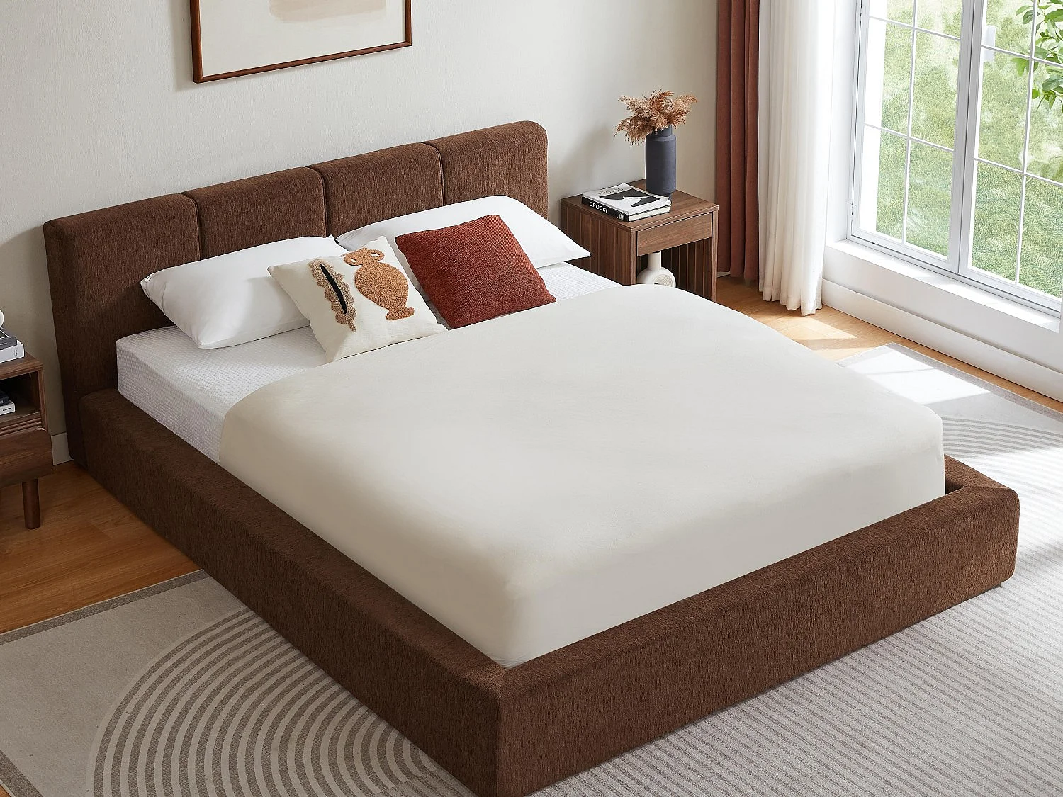Gestoffeerd Bed ÉPURE 160x200cm - Tweepersoonsbed met Minimalistisch Ontwerp en Stevige Structuur, Eenvoudige Montage, Bruin