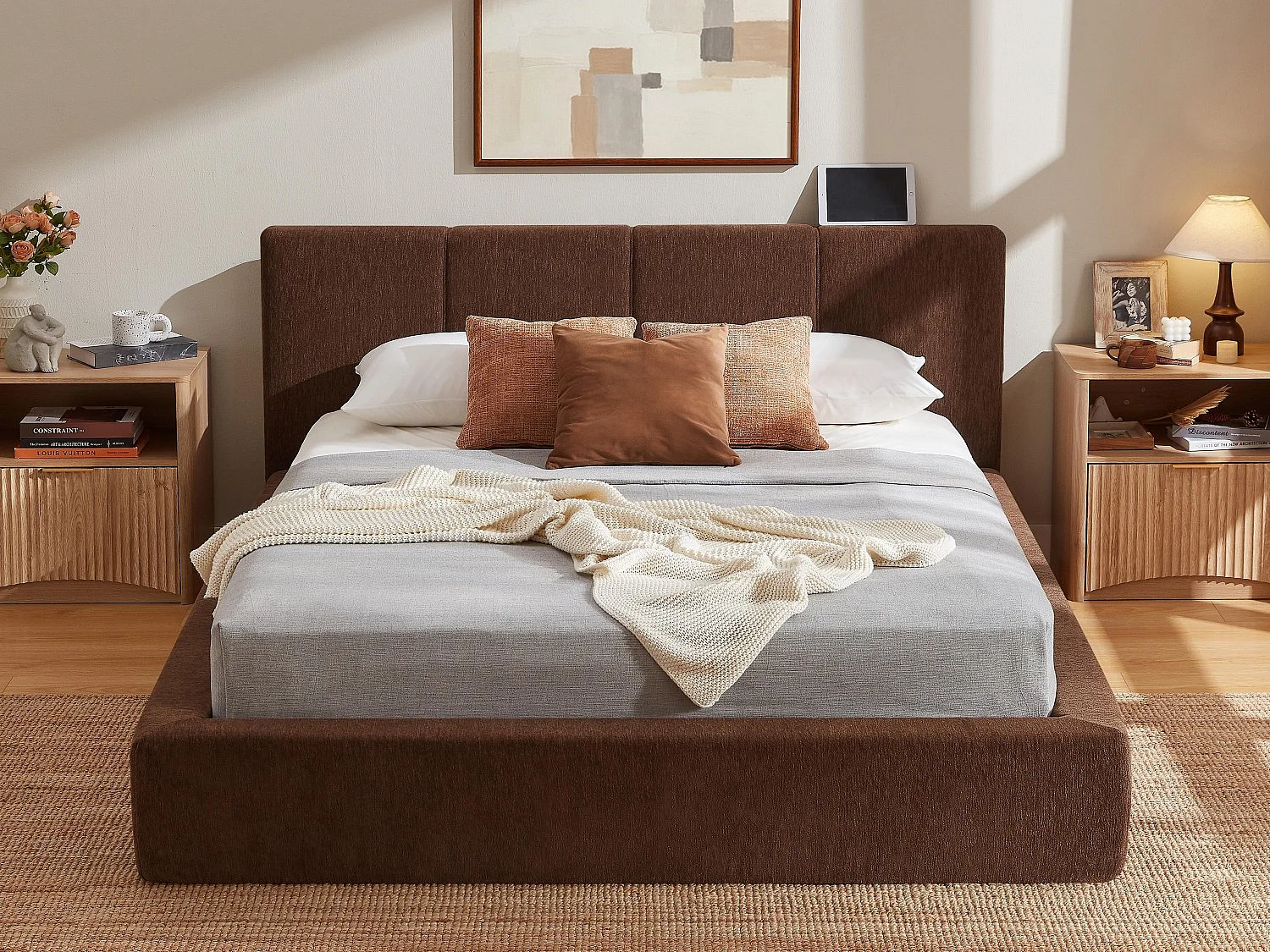 Gestoffeerd Bed ÉPURE 160x200cm - Tweepersoonsbed met Minimalistisch Ontwerp en Stevige Structuur, Eenvoudige Montage, Bruin