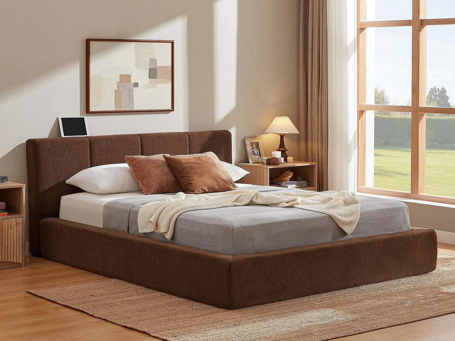 Gestoffeerd Bed ÉPURE 160x200cm - Tweepersoonsbed met Minimalistisch Ontwerp en Stevige Structuur, Eenvoudige Montage, Bruin