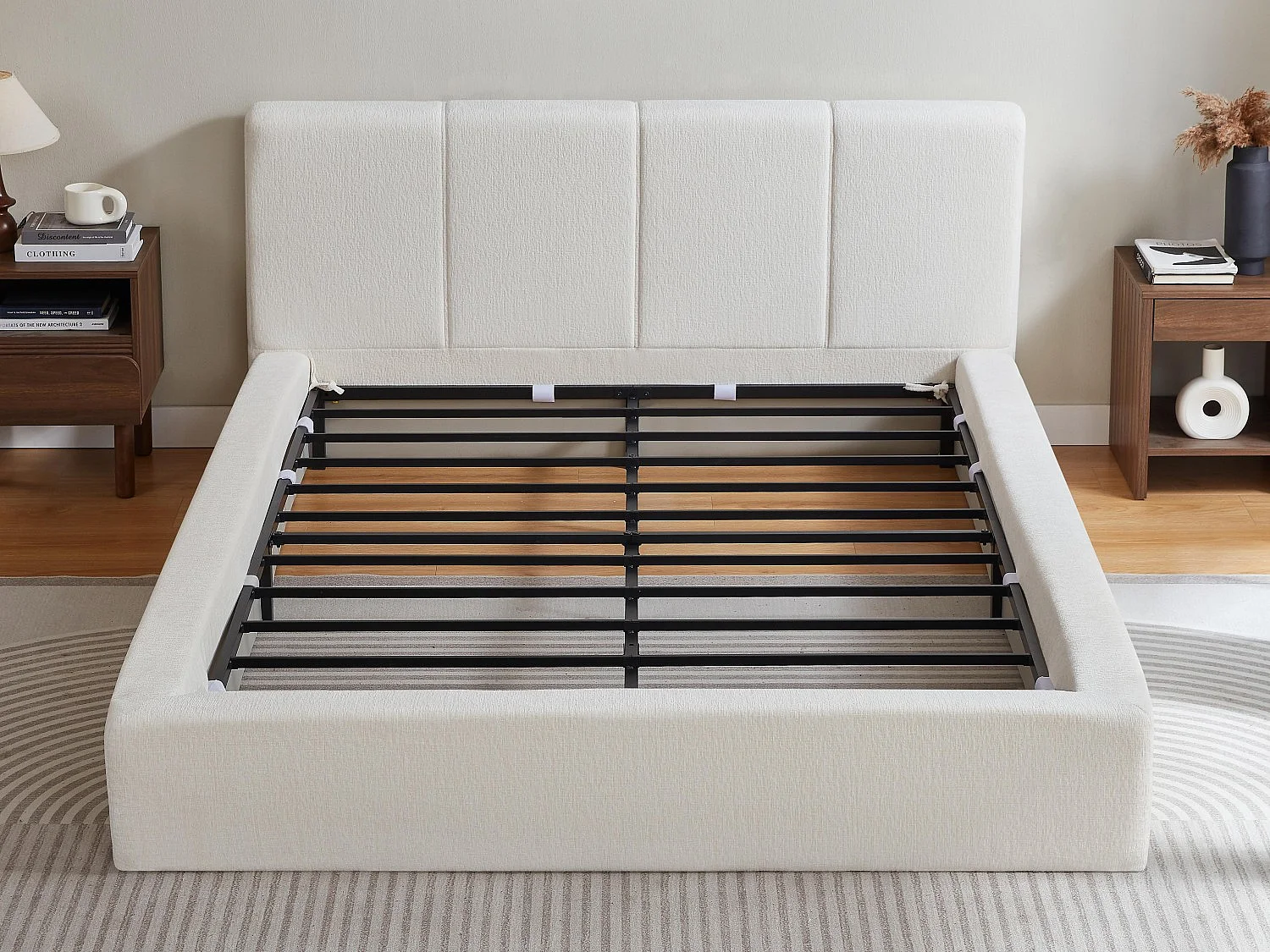 Gestoffeerd Bed ÉPURE 140x200cm - Tweepersoonsbed met Minimalistisch Ontwerp en Stevige Structuur, Eenvoudige Montage, Beige / Bruin