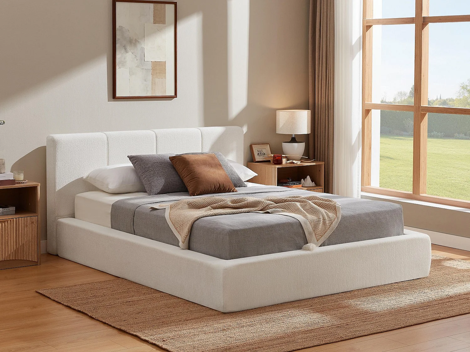 Gestoffeerd Bed ÉPURE 140x200cm - Tweepersoonsbed met Minimalistisch Ontwerp en Stevige Structuur, Eenvoudige Montage, Beige / Bruin