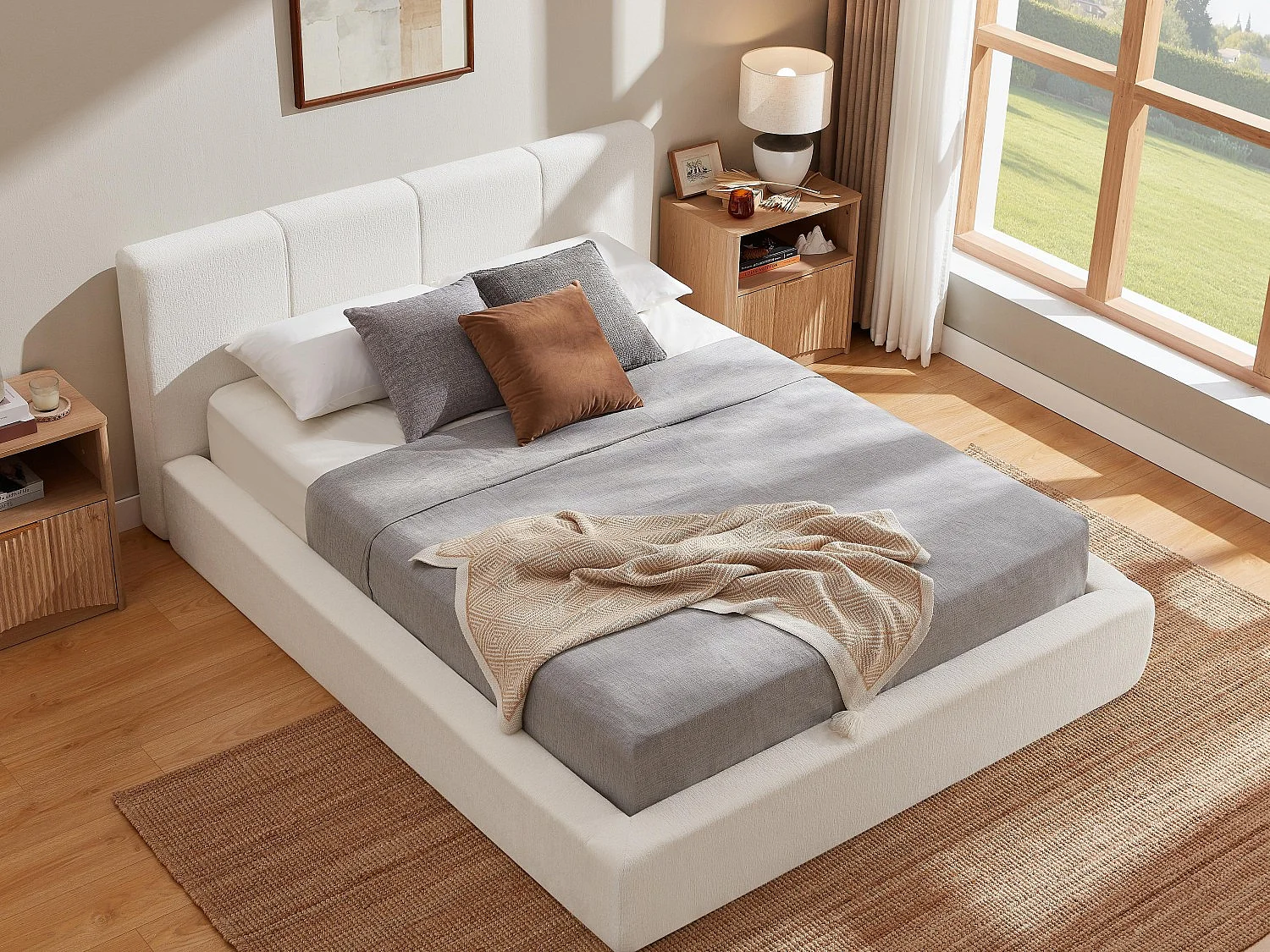 Gestoffeerd Bed ÉPURE 140x200cm - Tweepersoonsbed met Minimalistisch Ontwerp en Stevige Structuur, Eenvoudige Montage, Beige / Bruin