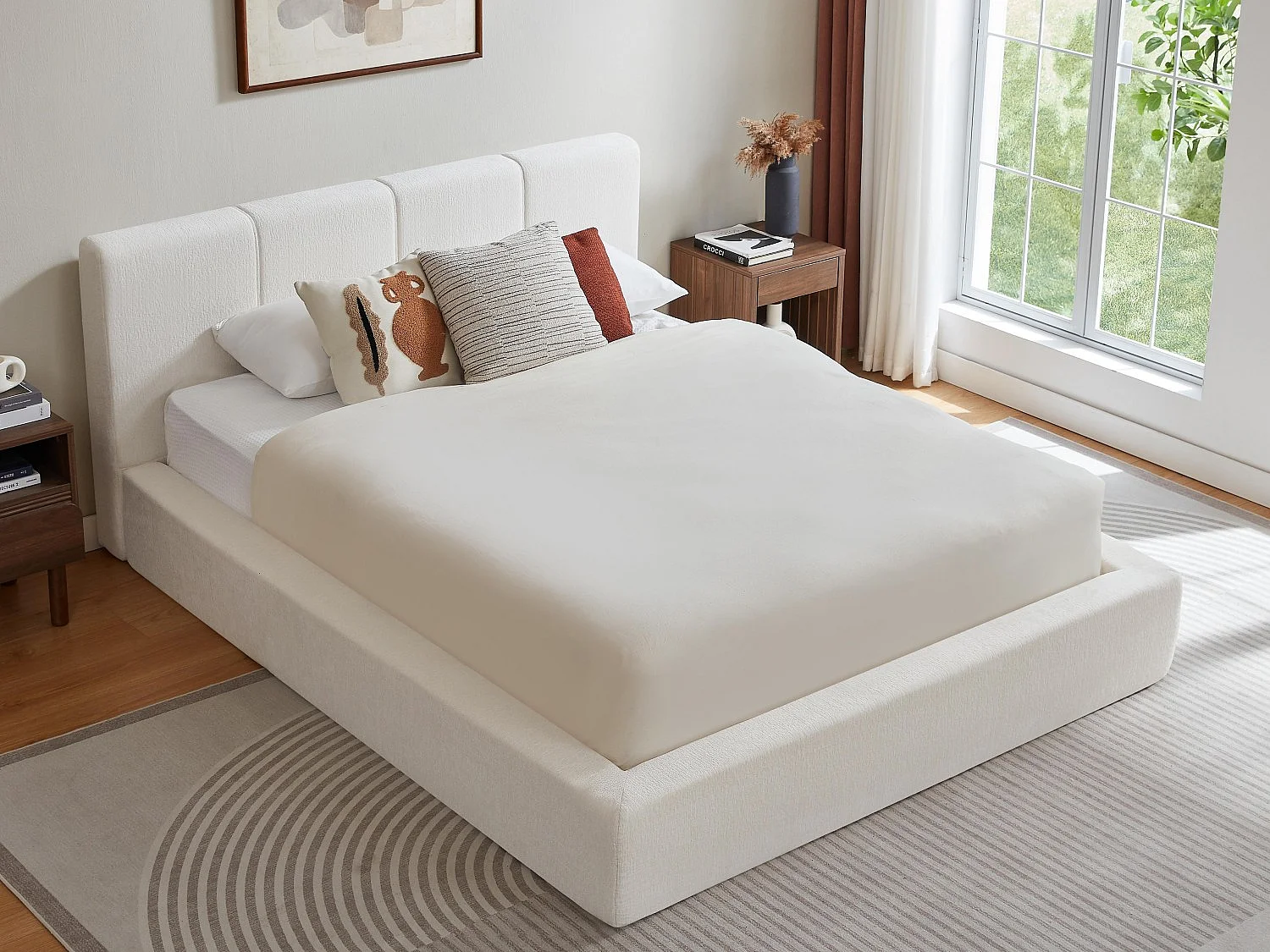 Gestoffeerd Bed ÉPURE 140x200cm - Tweepersoonsbed met Minimalistisch Ontwerp en Stevige Structuur, Eenvoudige Montage, Beige / Bruin
