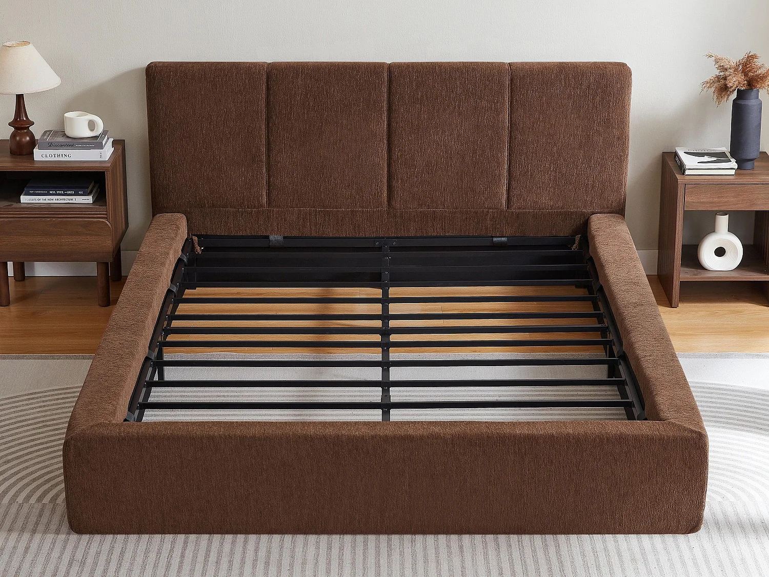 Gestoffeerd Bed ÉPURE 140x200cm - Tweepersoonsbed met Minimalistisch Ontwerp en Stevige Structuur, Eenvoudige Montage, Bruin