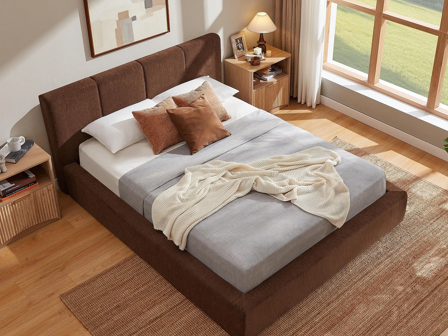 Gestoffeerd Bed ÉPURE 140x200cm - Tweepersoonsbed met Minimalistisch Ontwerp en Stevige Structuur, Eenvoudige Montage, Bruin
